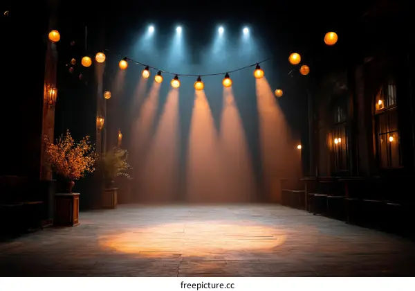 Empty Stage with Spotlights and String Lights