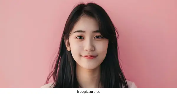 Portrait of a Young Asian Woman Smiling Against a Pink Background