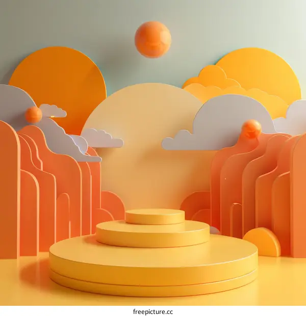 Abstract 3D Illustration of a Yellow Platform with Orange and Blue Shapes