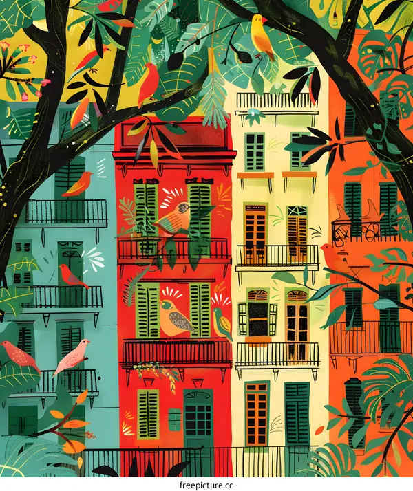 Colorful Buildings with Birds and Trees Illustration