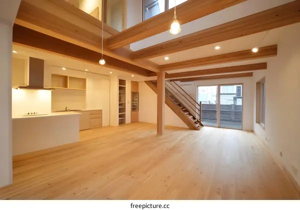 Modern Open Concept Living Room with Wooden Beams and Floor