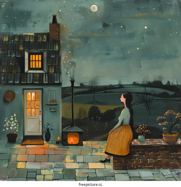 A woman is sitting on a stone fence outside her house looking at the moon.