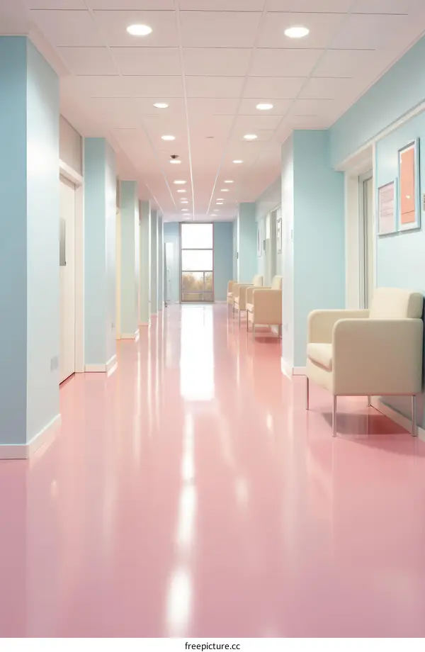 A long pink hallway with white chairs