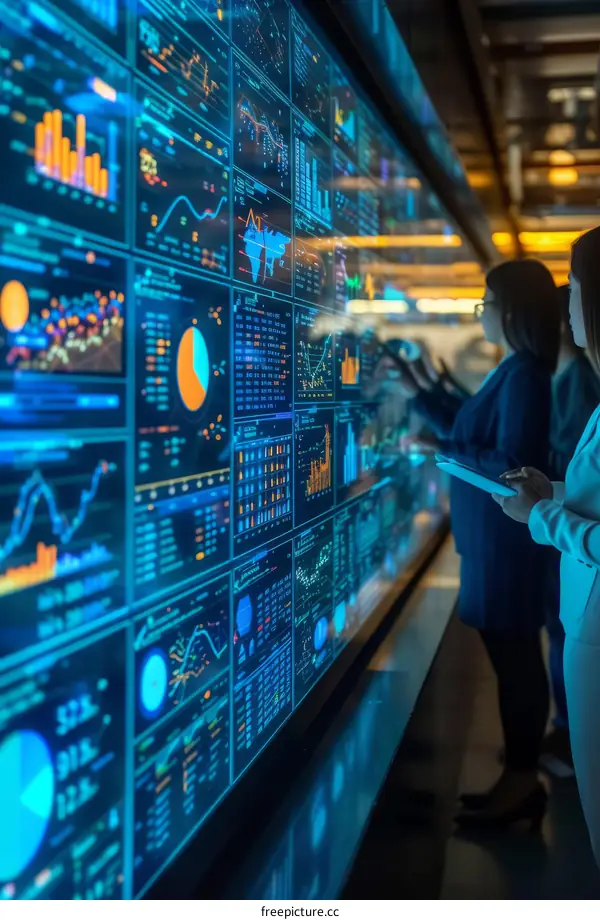 Three businesswomen analyzing data and graphs on a large screen in a control room.