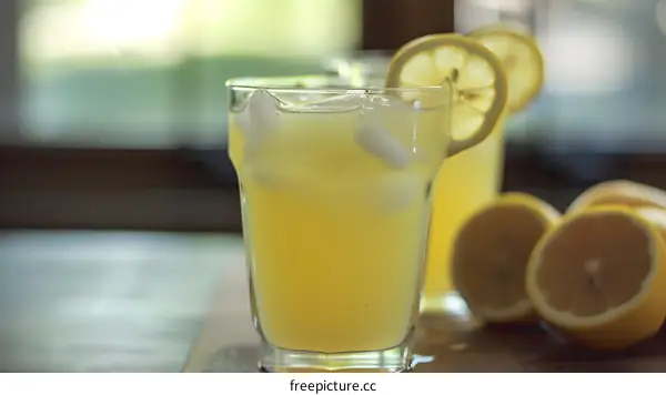 Glass of Lemonade with Lemon Slices and Ice