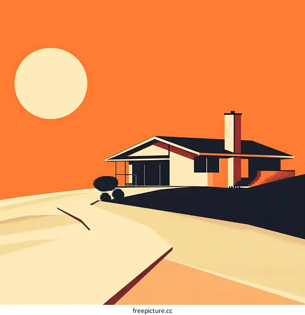 Minimalist House Illustration With Orange Sky