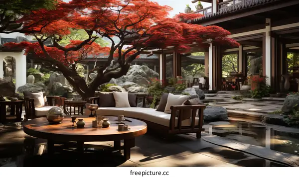 Courtyard with a red maple tree, round table, wooden table, and bench