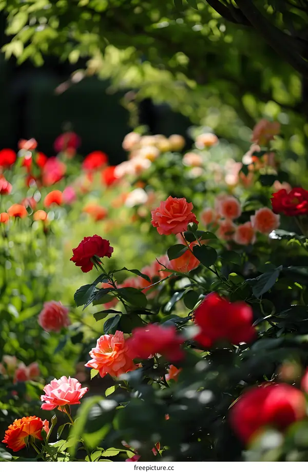 Beautiful Red and Pink Roses Blooming in a Garden
