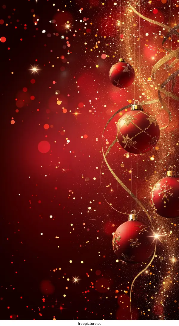 Red and gold Christmas ornaments hanging from a gold ribbon against a red background with a subtle radial gradient and falling gold glitter.