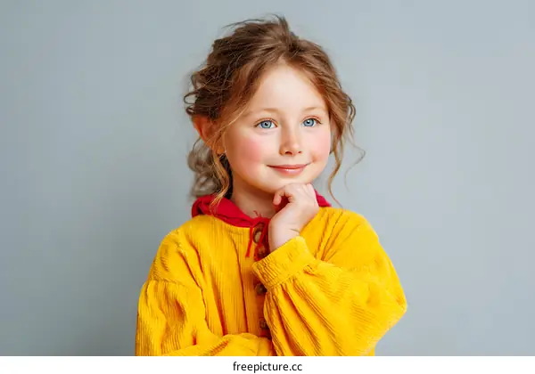 Portrait of a Smiling Young Girl in a Yellow Corduroy Jacket