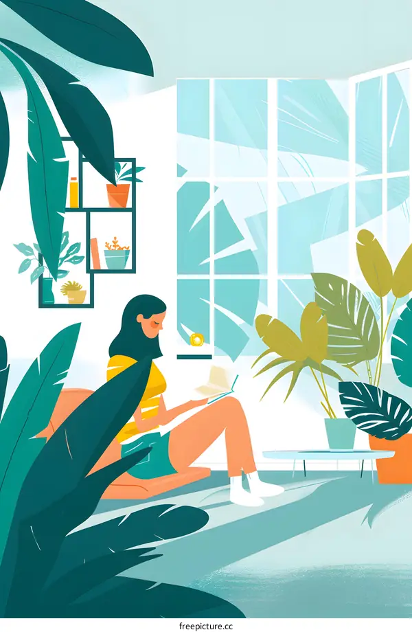 Woman Sitting in a Room with Plants Reading a Book