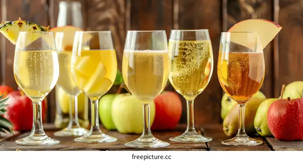Sparkling Apple Cider in Glasses with Fruit Garnish