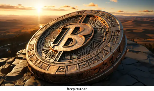 A golden Bitcoin sits on a rock in the middle of a vast field.