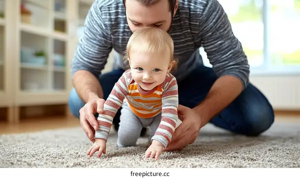 Father and Baby Crawling on Carpet