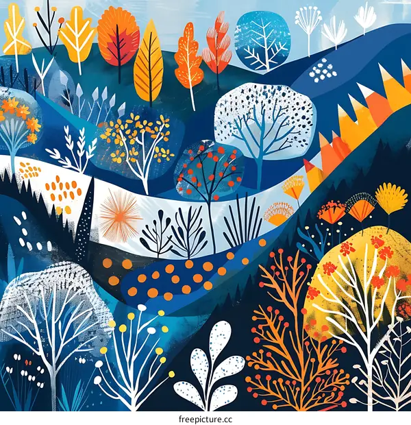 Abstract Autumn Landscape Painting With Trees