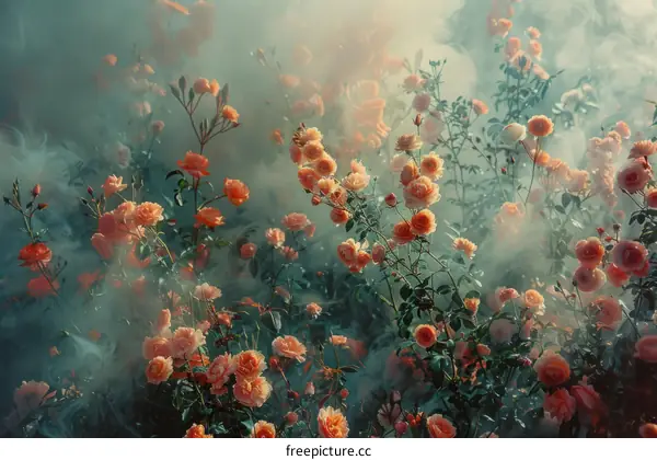 ethereal rose garden with peach roses