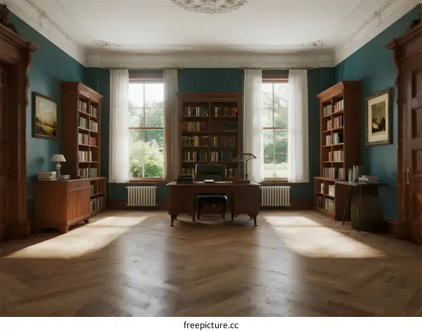 Elegant study room with bookshelves and large windows