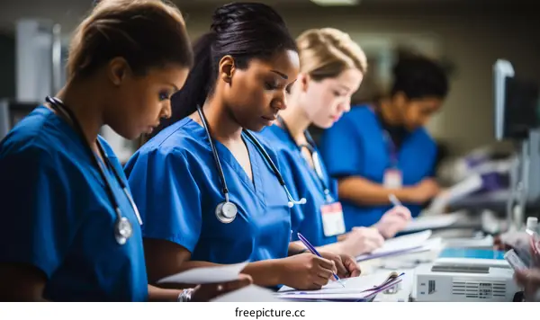 Four female nurses wearing blue uniforms are working at a hospital.