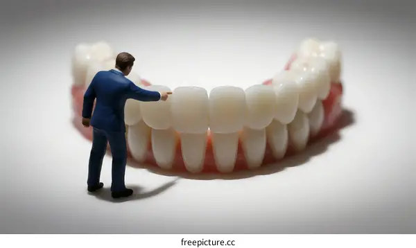 A miniature man in a suit examining a large set of teeth