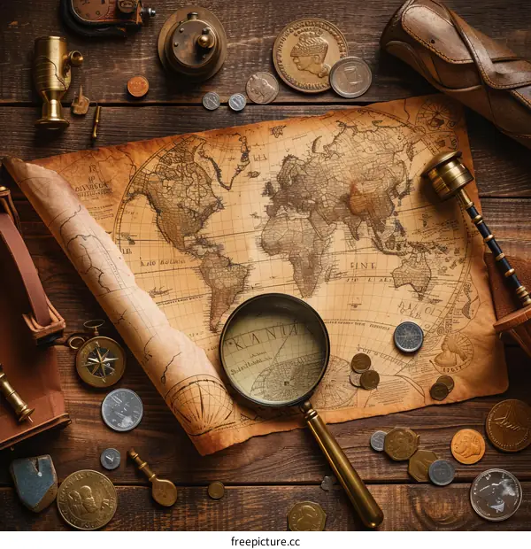 Vintage World Map With Compass, Magnifying Glass And Old Coins