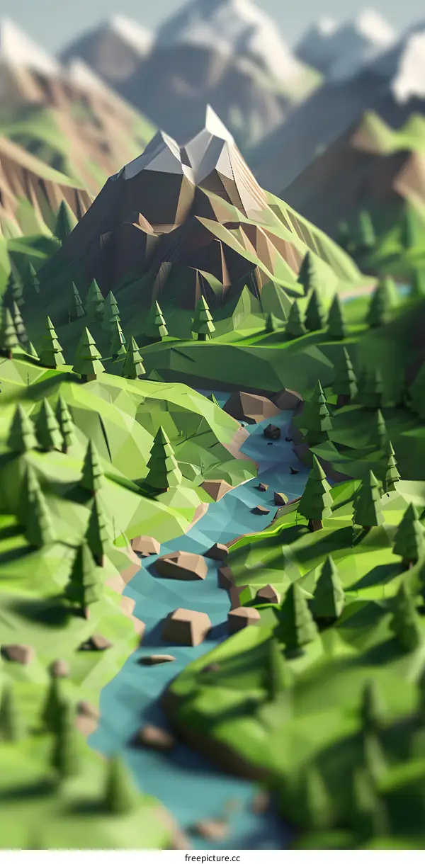 Low Poly Mountain River Landscape Illustration