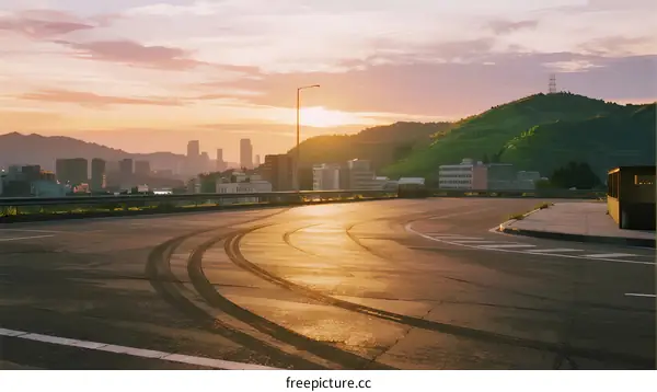Sunset over an empty urban road with cityscape in the background