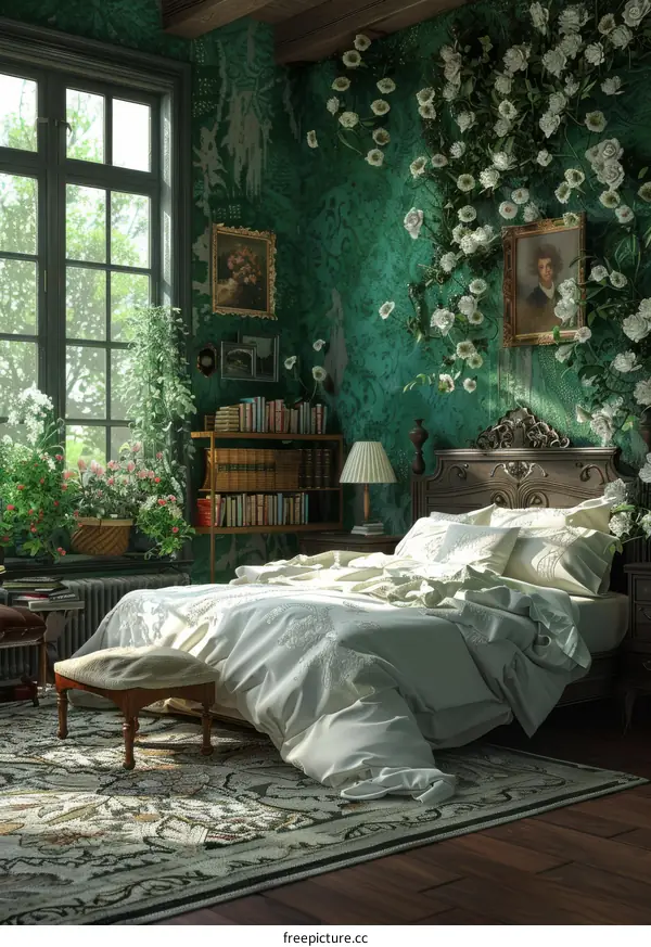 Vintage Green Bedroom with Floral Decor