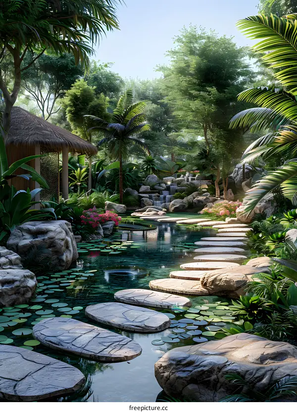 Stepping stones in a tropical garden with a waterfall and a hut
