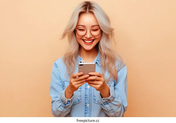 Asian Woman Smiling and Using Smartphone