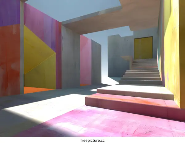 Modern Concrete Architecture Abstract Design with Colorful Walls and Stairs