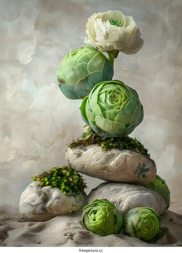 Green Flowers and Stones Still Life Photography