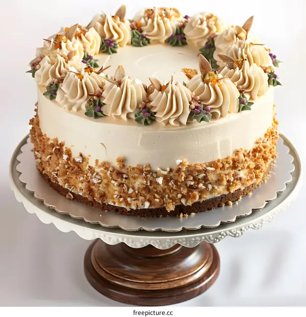 A cake with flowers and nuts on top