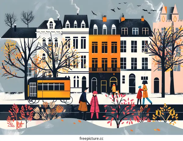 Winter Street Scene with Tram and People Walking