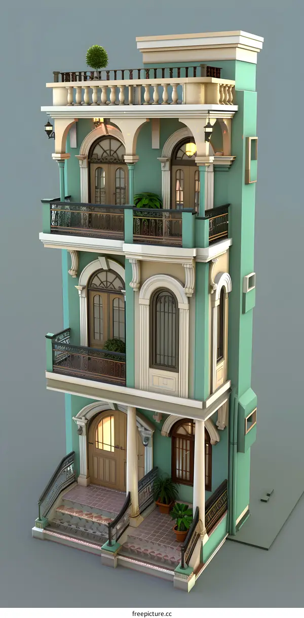Vintage Style Building With Balconies And Detailed Facade
