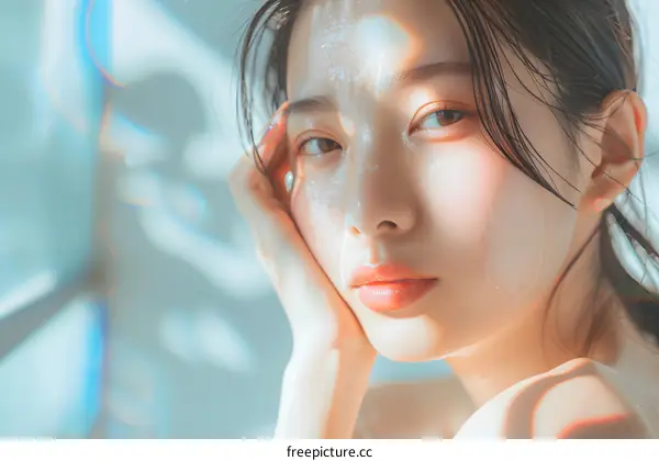 Woman with Wet Hair and Sparkling Skin Looking at Camera