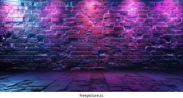 Grungy Brick Wall with Glowing Blue and Purple Neon Lights