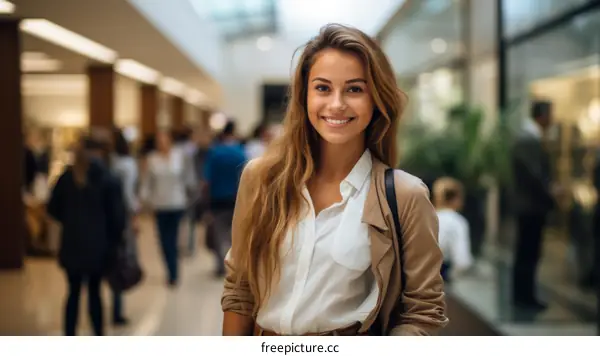 Portrait of a smiling young woman in a shopping mall