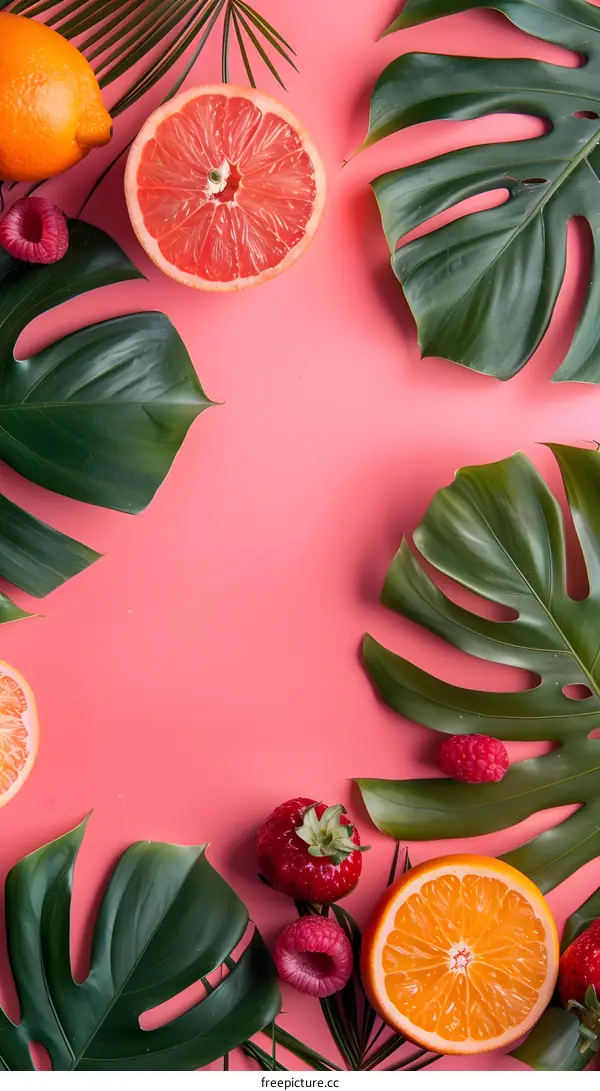 Tropical Fruits and Leaves on Pink Background