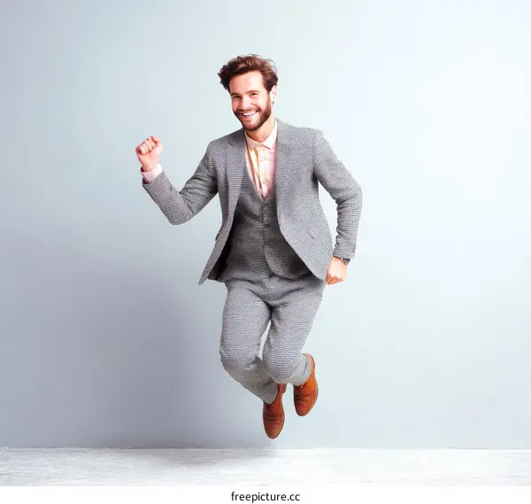 Happy Man in Stylish Gray Suit Jumping