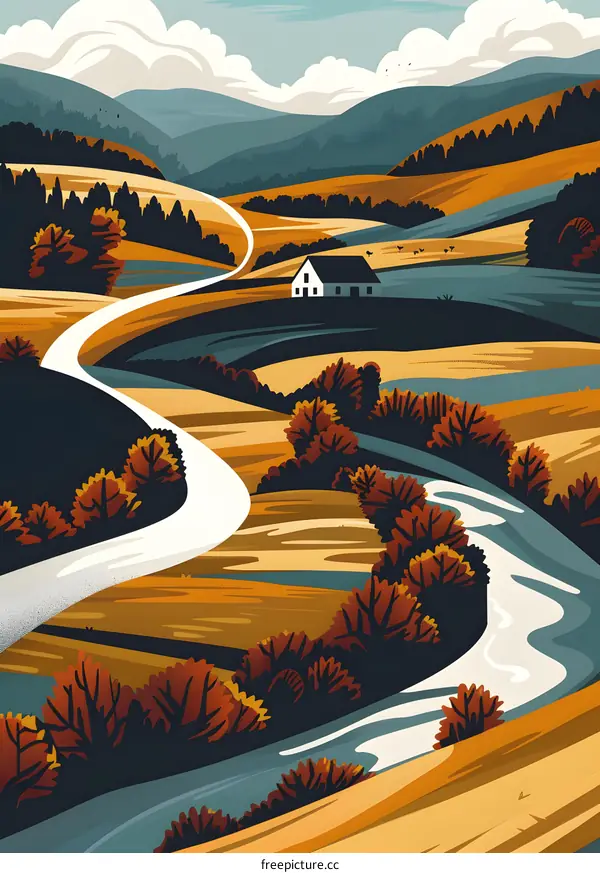 Autumn Landscape with Winding Road and River