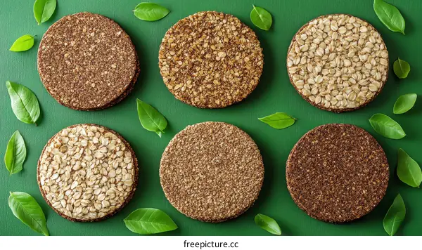 Assortment of Healthy Granola Biscuits on Green Background