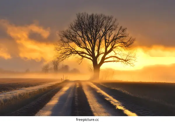Scenic Country Road at Sunrise with Fog and Tree