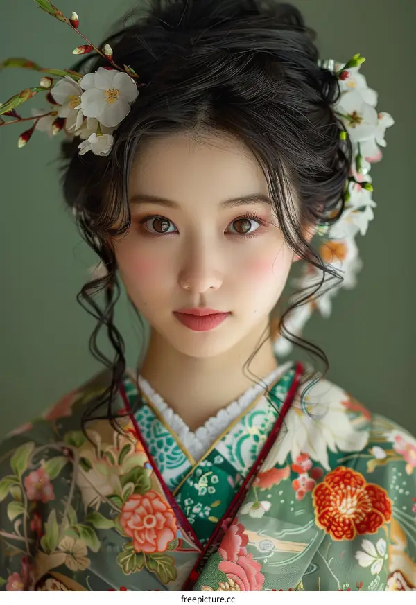 Portrait of a young woman in a kimono with flowers in her hair