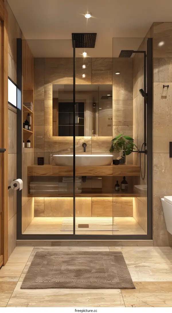 Bathroom interior with beige tiles and wooden elements