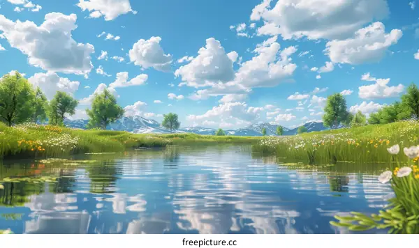 Tranquil Mountain Lake with Vibrant Field