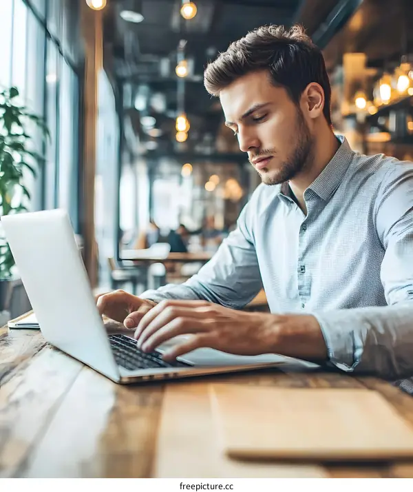 Man Working on Laptop in Cafe