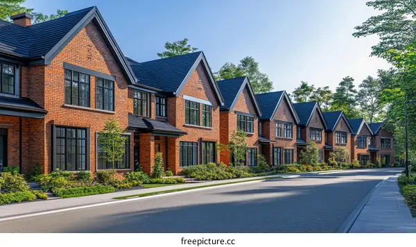 Row of Brick Townhouses Under Sunny Sky