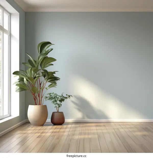 Sunlight streaming through a window illuminates a room with two houseplants
