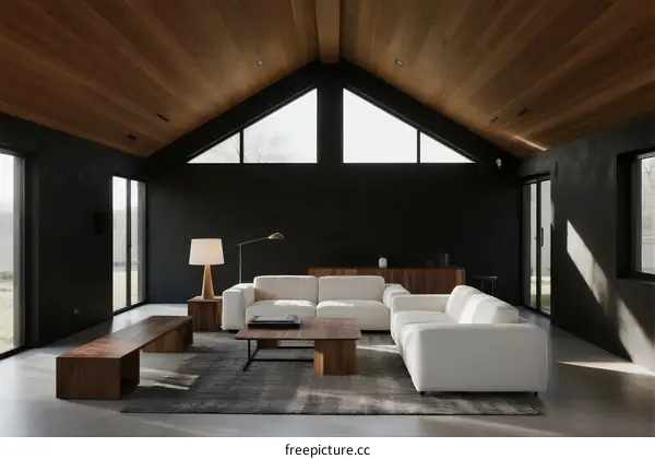 Modern living room with high ceiling and white sofas