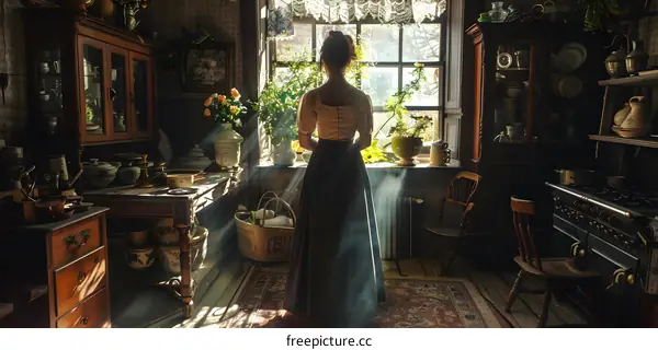 Lady in historical clothing standing in front of a window